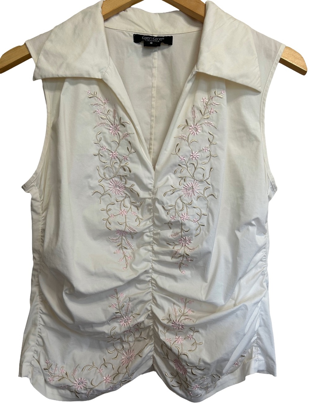 Vintage 2003 Karen Kane Embroidered Ruched Zip Back Blouse White 8